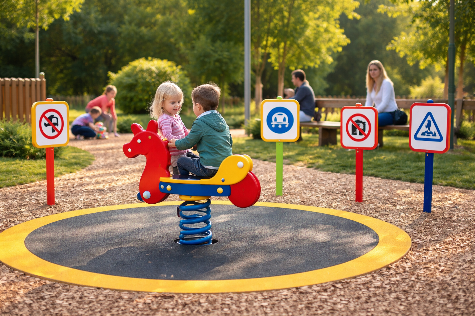 Ce semnalistică vizuală ajută la respectarea regulilor fără stres în apropierea unui balansoar pe arc?